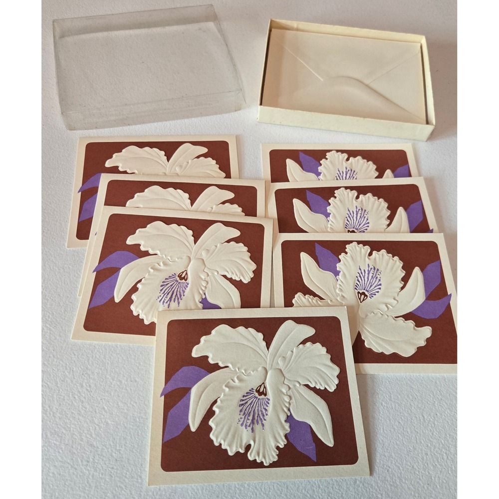Vintage 1983 Current Sculptured Orchid Notes Embossed Cards Boxed Set 7